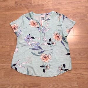 Van Heusen Aqua Tropical Print Popover Shirt Women Sz L Casual Beach Resort NWT